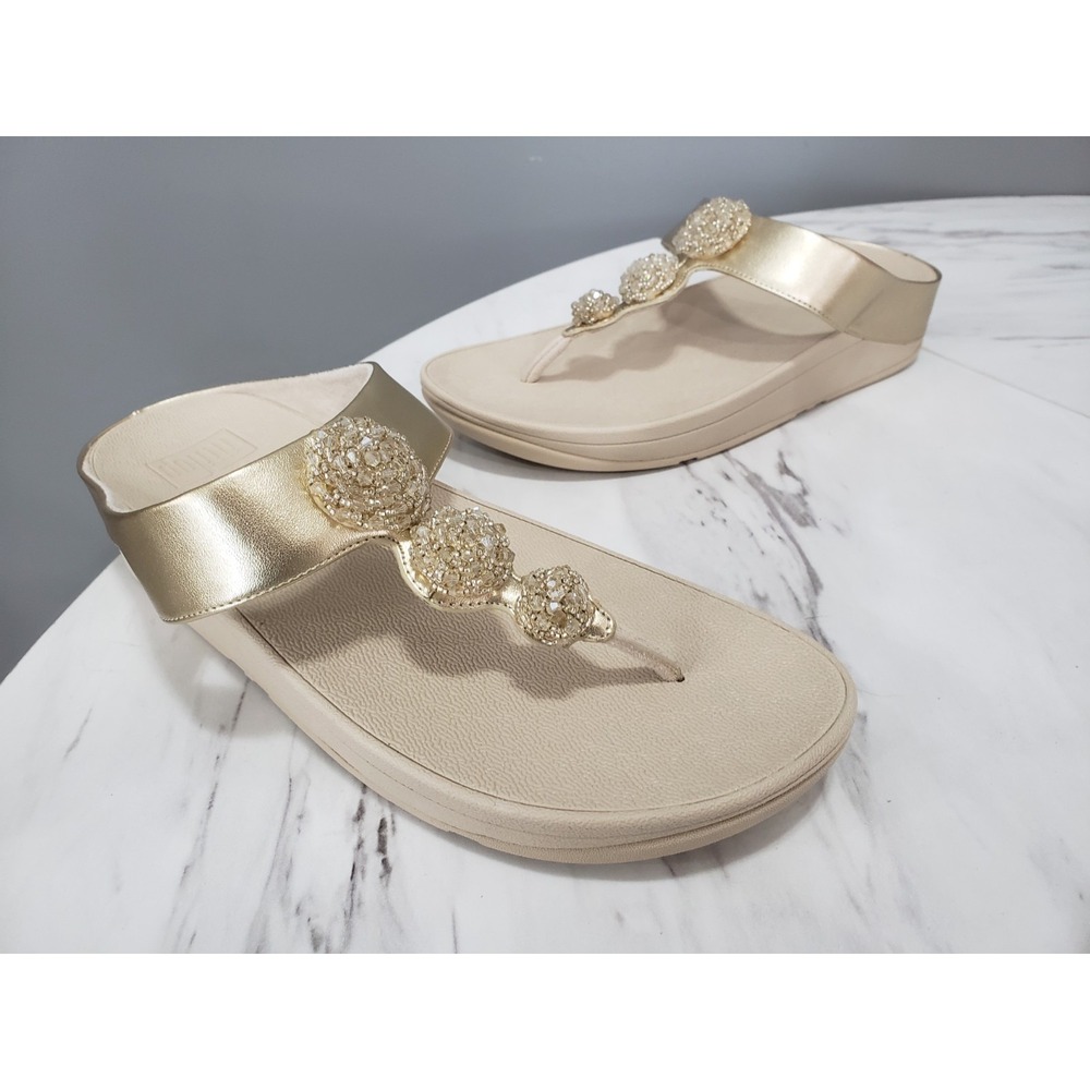 NEW NO BOX‎ SIZE 10 Fitflop Fino- Beadie Button Metallic Toe Post Sandal GOLD